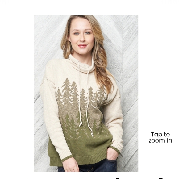 Parkhurst Cotton Country Forest Design Cowl Neck Sweater - Cream and Olive. S - Picture 13 of 13